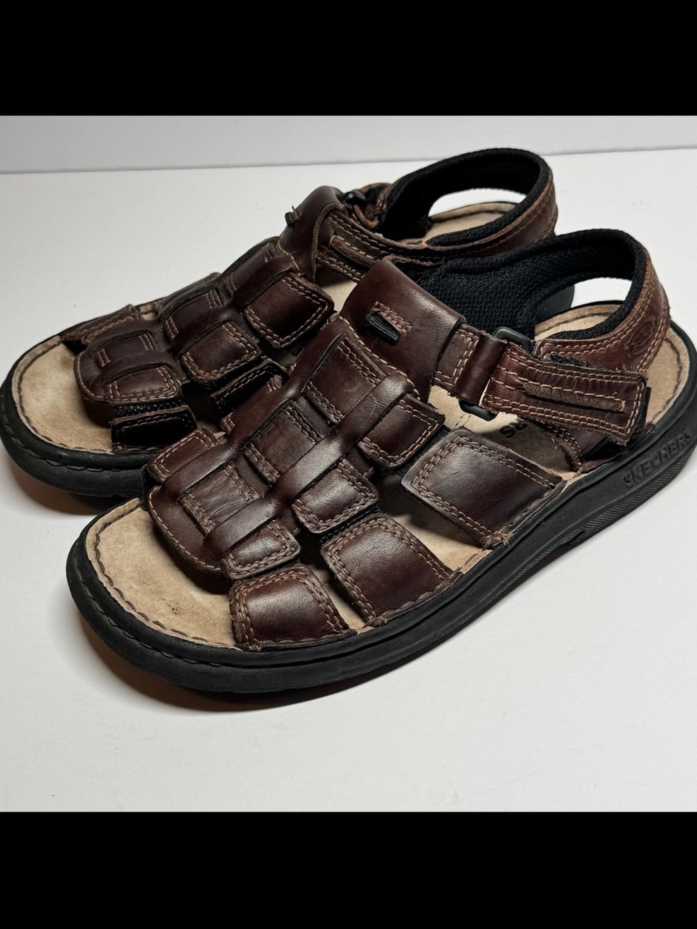 Vintage Skechers Kids Sz 5 Dark Brown Leather Fisherman-Style Sandals 90s